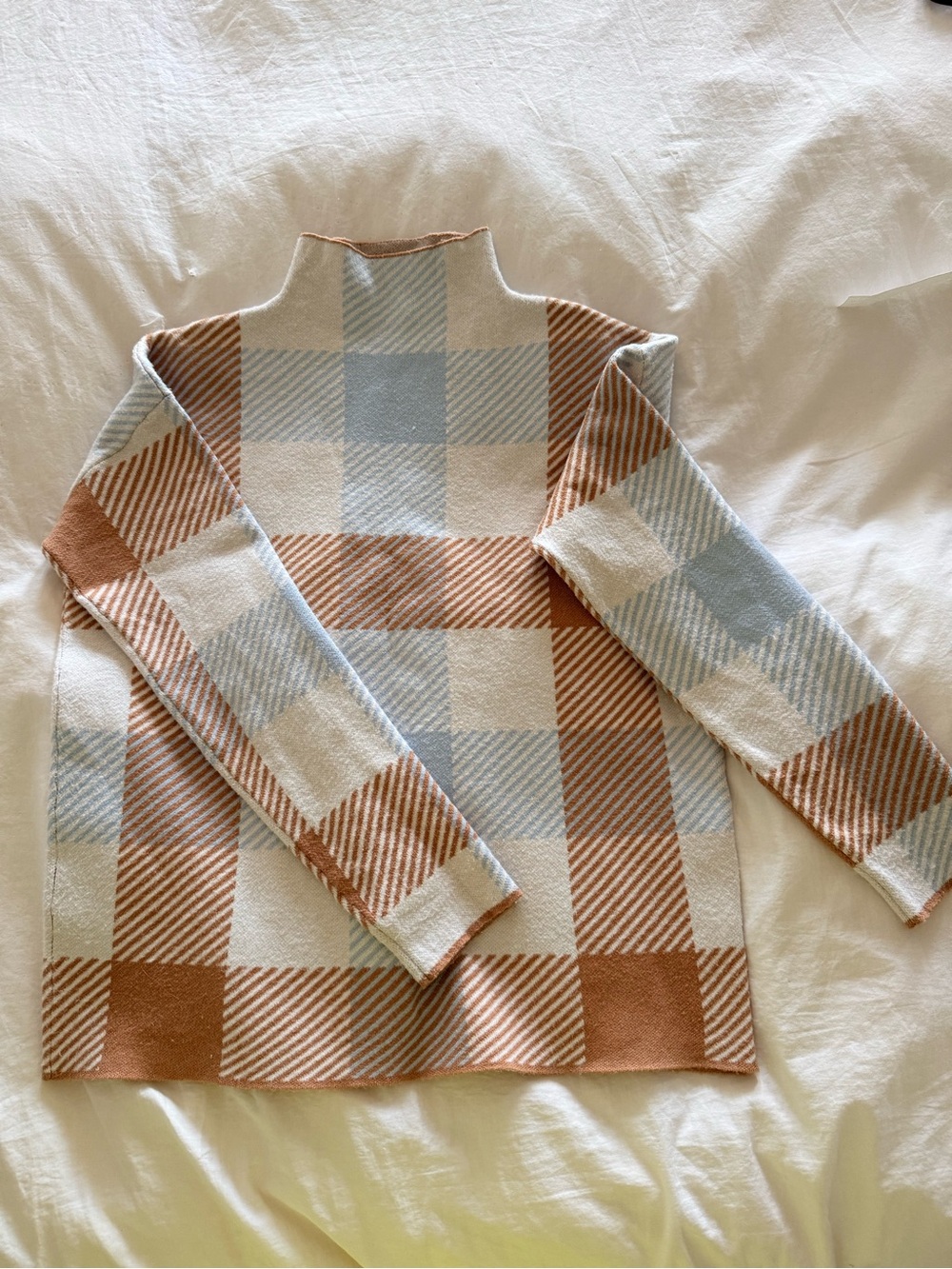 Tahari Plaid Mock Neck Sweater - Cream, Light Blue & Tan